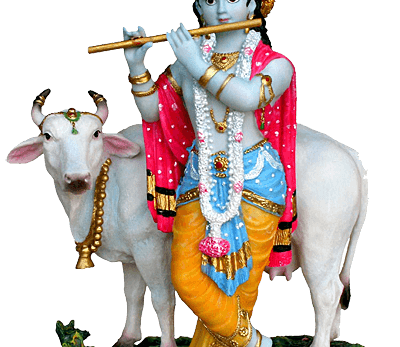 God Krishna playing flute with cow