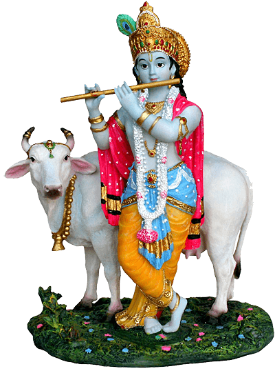 God Krishna playing flute with cow